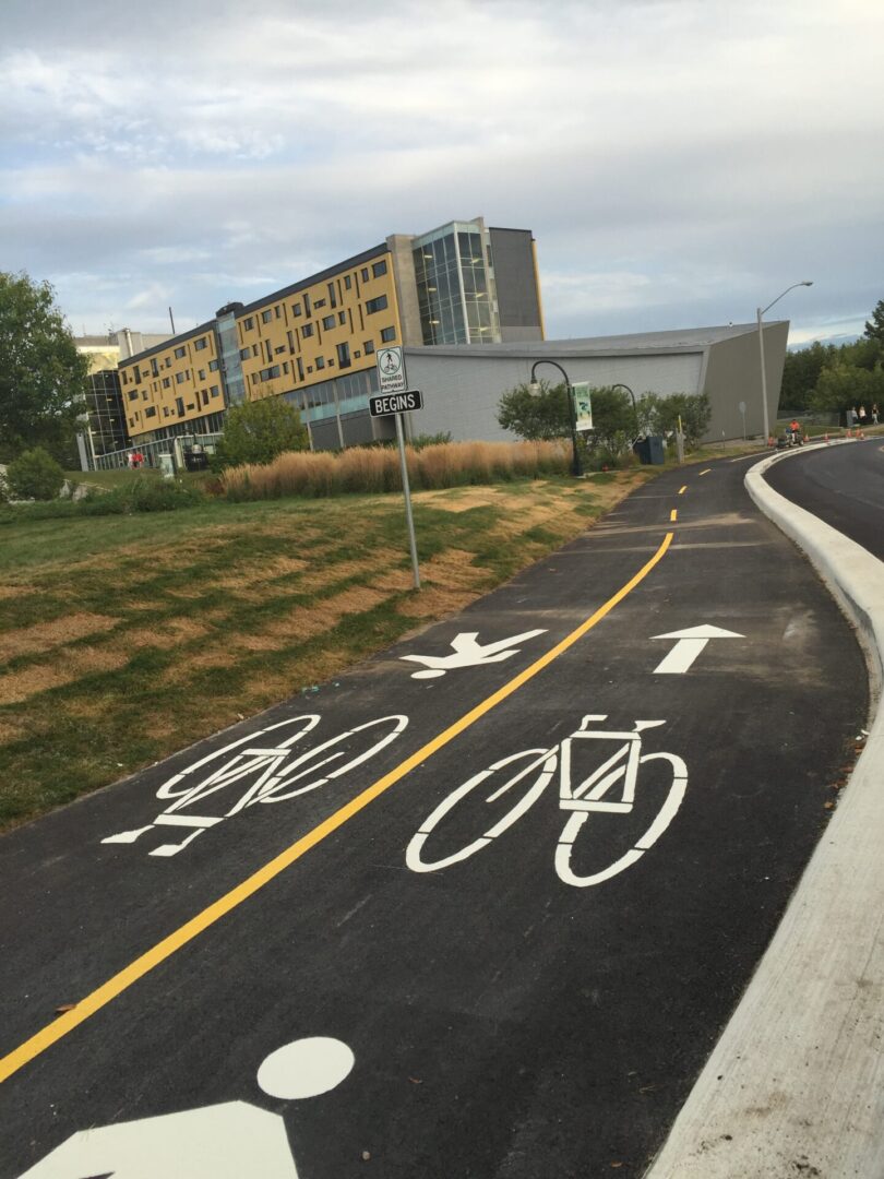 A picture of the cycling and walking marks on the road