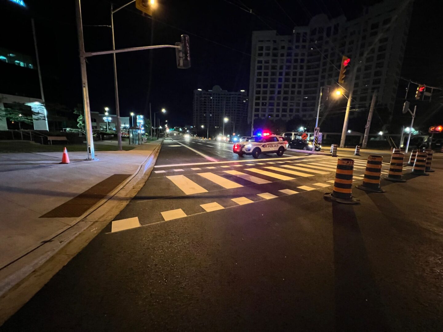 Side view of the durable markings on the road with cones