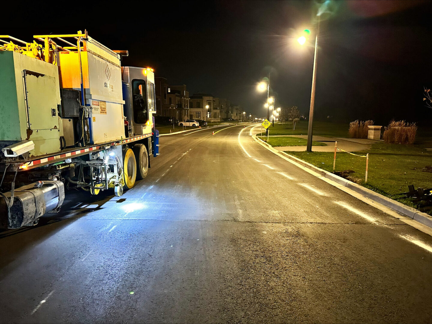 a truck on the road at night time